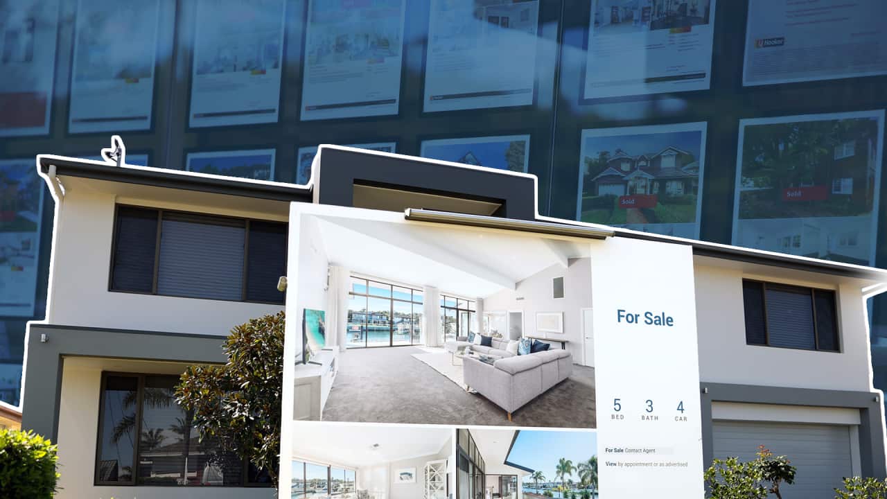 A large modern home with a “For Sale” sign stands in front of blurred real estate listings, symbolising Australia’s shifting housing market.