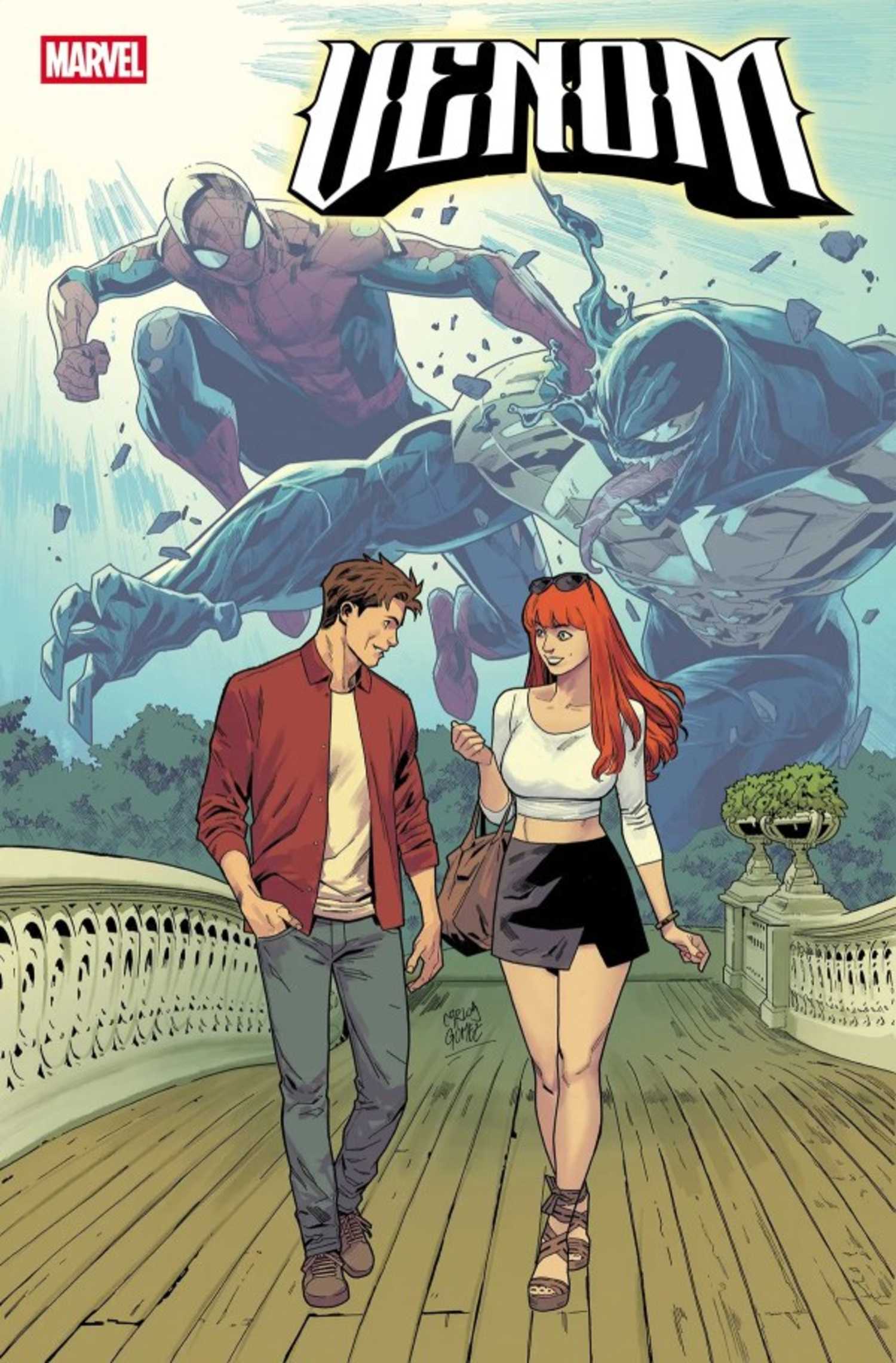 Venom #258 cover, Peter Parker and MJ talking, as Spidey and Venom fight in the background