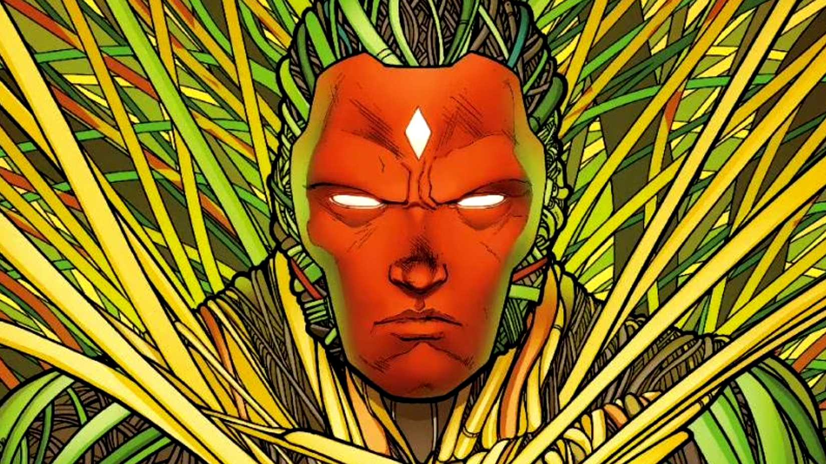 Vision is connected to a large web of colorful cables in Avengers AI