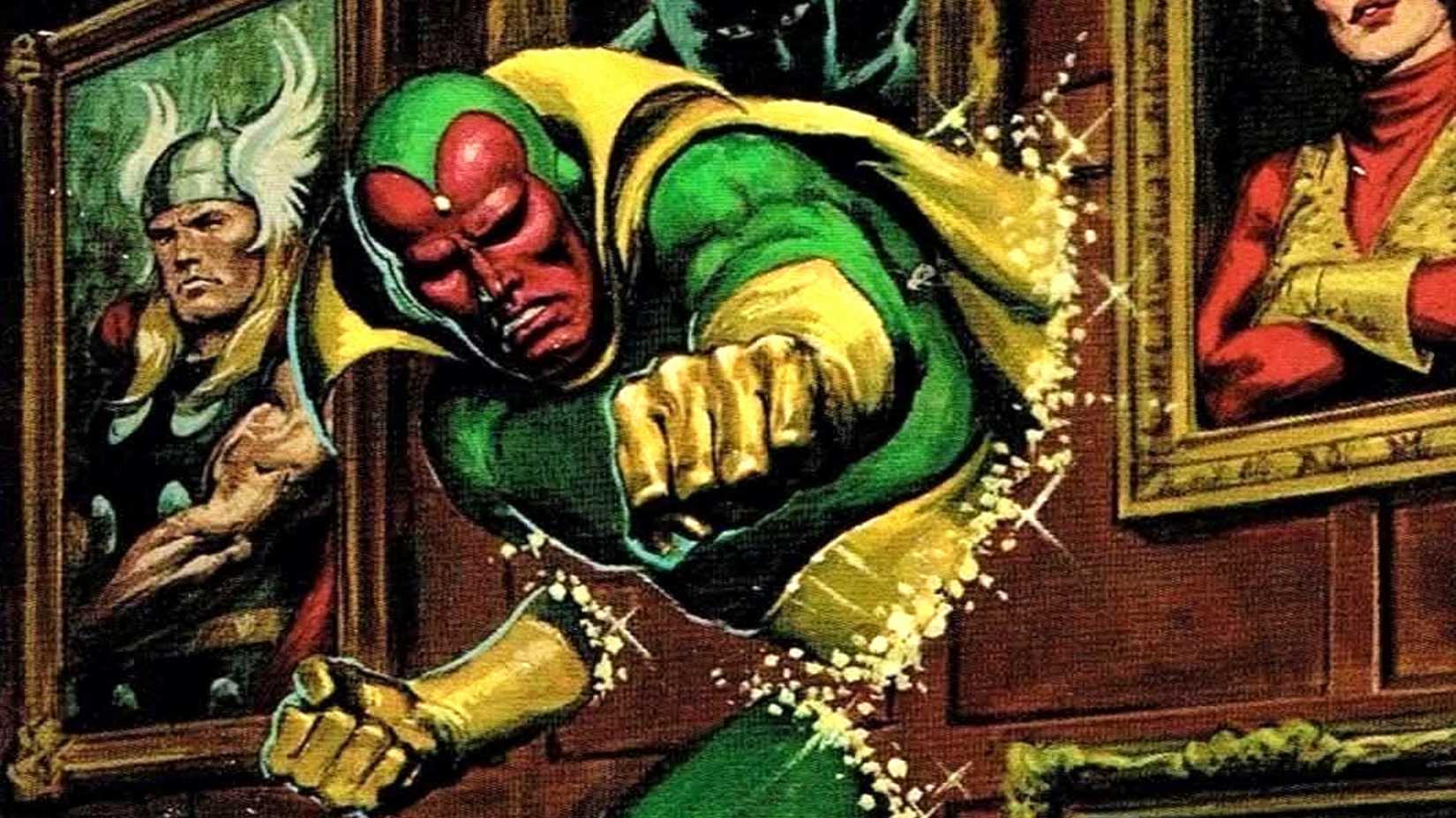 Vision phases through a wall in the Avengers mansion in Marvel Comics art