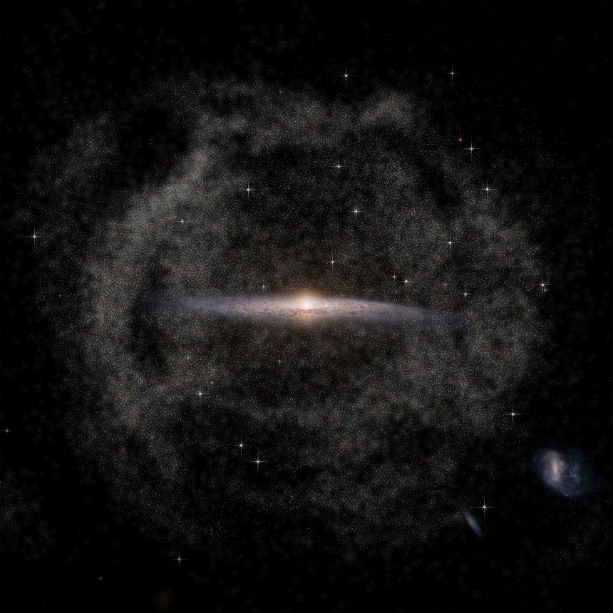 This image visualizes the Milky Way and its surrounding halo of stars, some of which originated from past mergers.