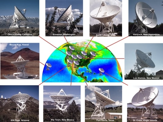 A montage of VLBA locations and their antenna installations. Credit: Image courtesy of NRAO/AUI and Earth image courtesy of the SeaWiFS Project NASA/GSFC and ORBIMAGE
