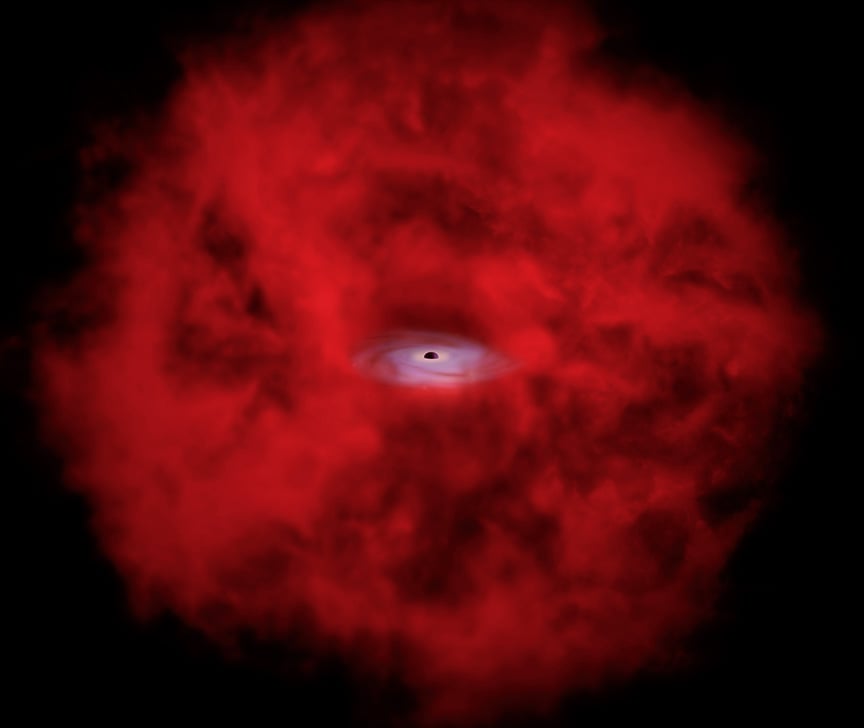 An artist's concept of the X-ray bright little red dot (XRD) dubbed 3DHST-AEGIS-12014. Credit: NASA/CXC/SAO/M. Weiss; adapted by K. Arcand &amp; J. Major
