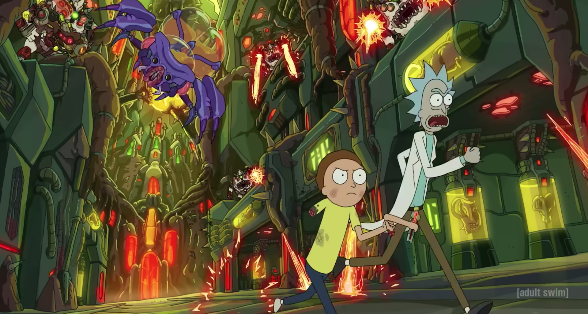 two sci-fi cartoon characters running from an alien bug