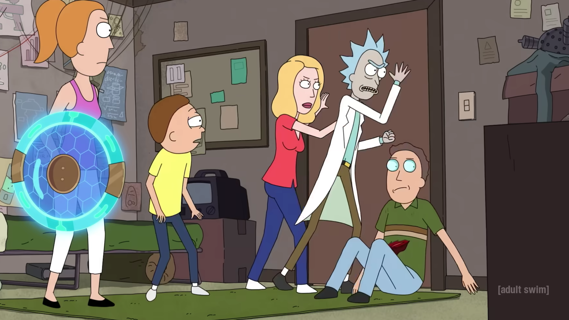 five frightened cartoon figures barricading a door
