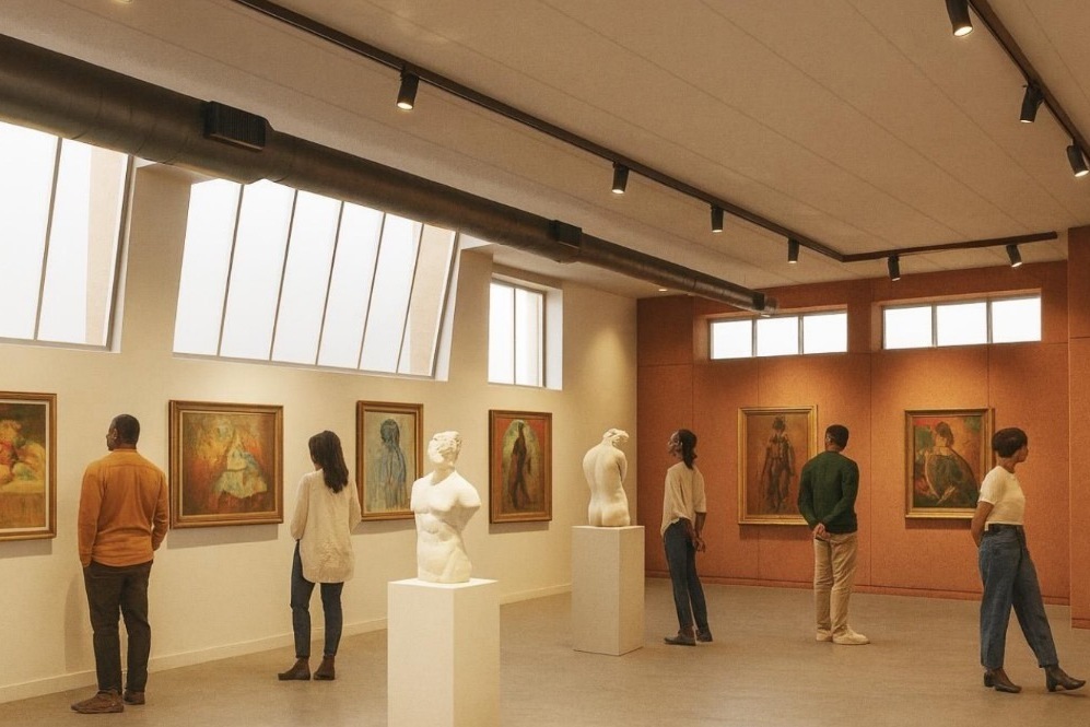 People look at art hanging on walls in an art gallery