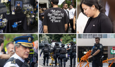Collage of mourners, police officers adjusting caution tape and a man wearing a "make the world a better place" shirt.