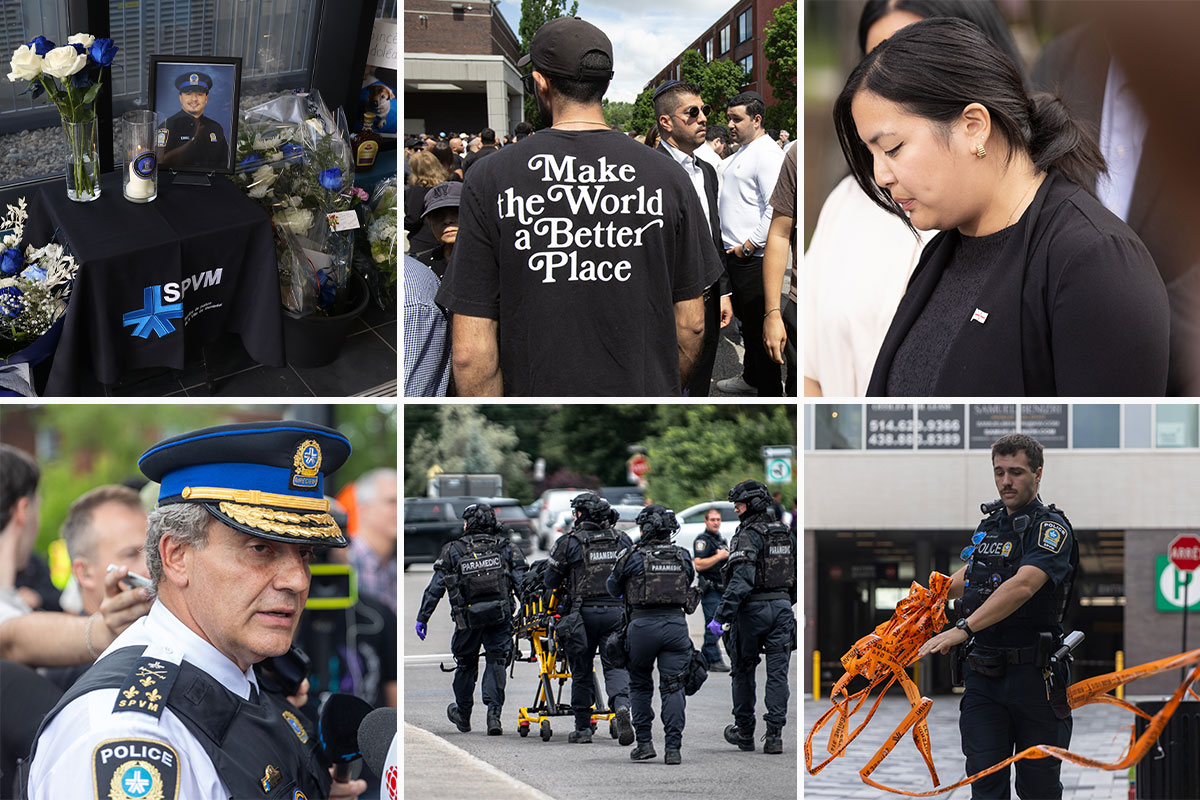 Collage of mourners, police officers adjusting caution tape and a man wearing a "make the world a better place" shirt.