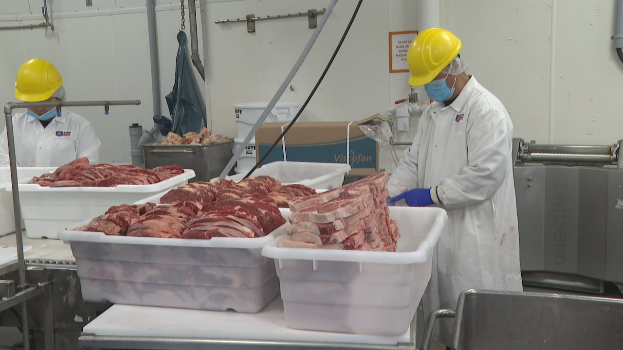 Workers handling meat at the Albany beef plant.