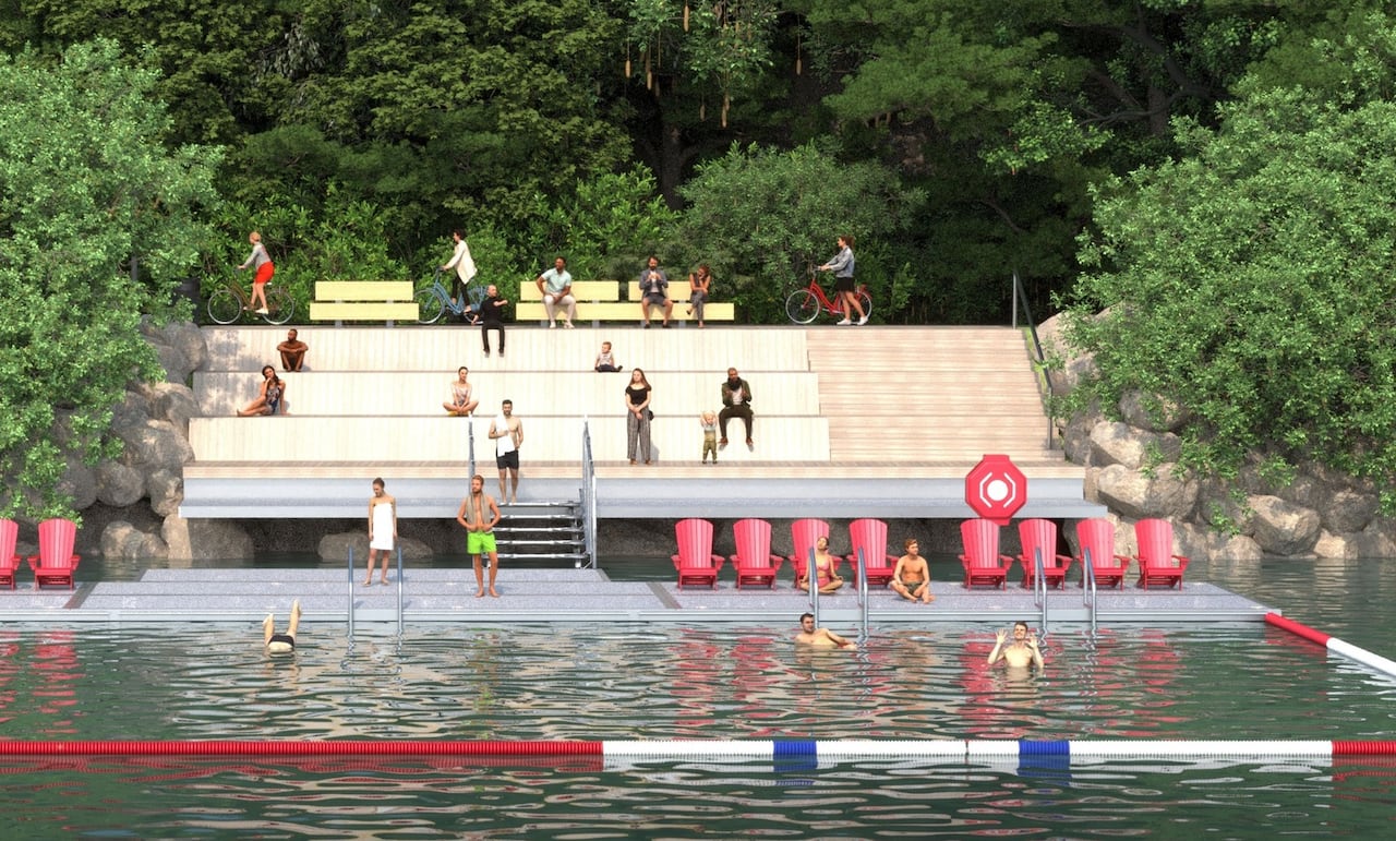 A rendering of a swimming dock along a river.