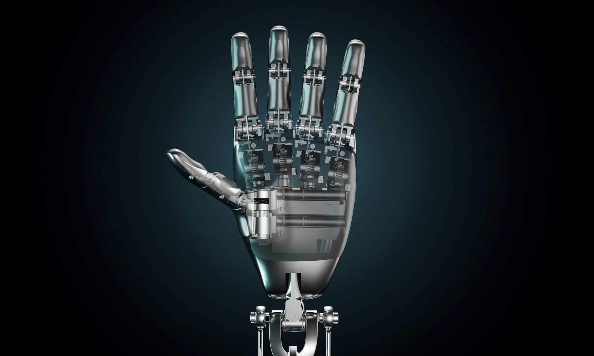 A Tesla robot hand is raised against a black background.