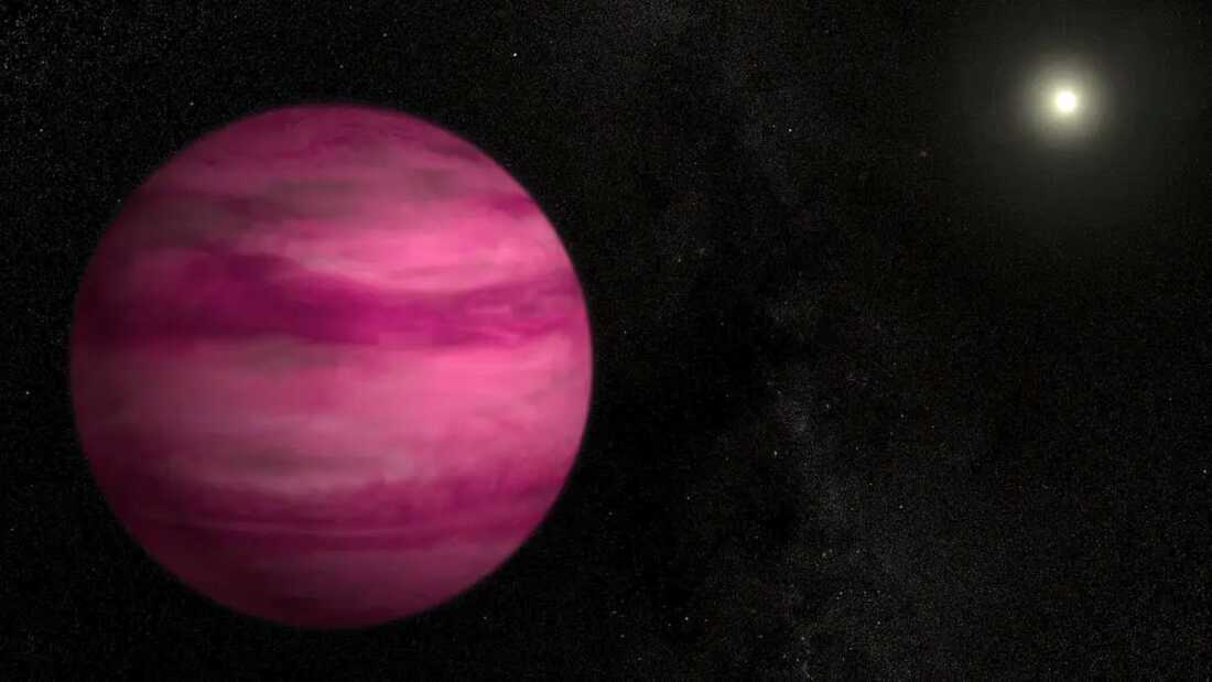 A planet of deep and medium swirling pinks sits in the foreground filling the left side of the illustration over a black background. In the top right corner a comparably small star shines bright.