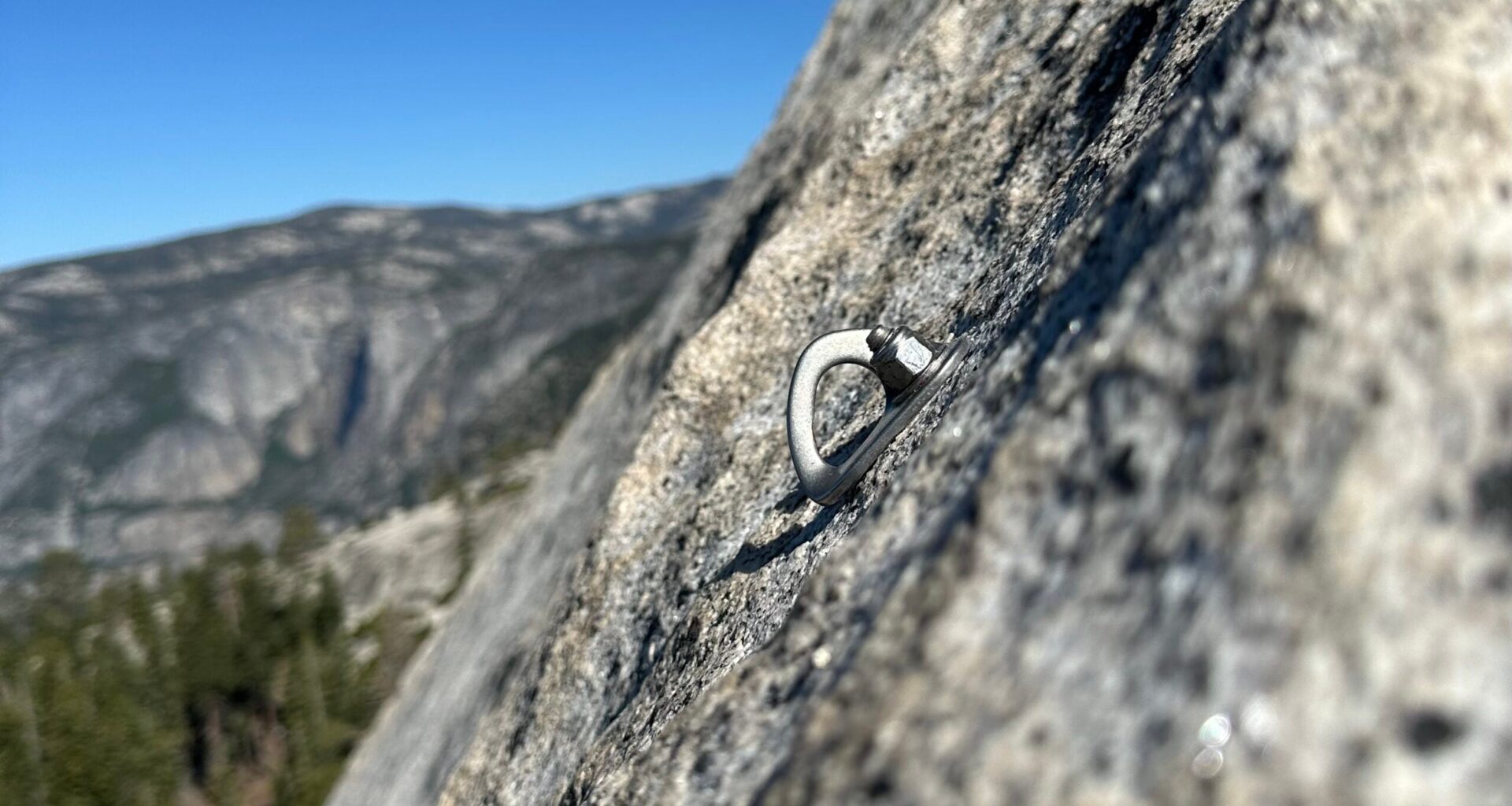 A now-removed bolt on pitch three of 'Snake Dike' (5.7 R; 800ft) on Half Dome.