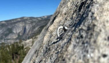 A now-removed bolt on pitch three of 'Snake Dike' (5.7 R; 800ft) on Half Dome.