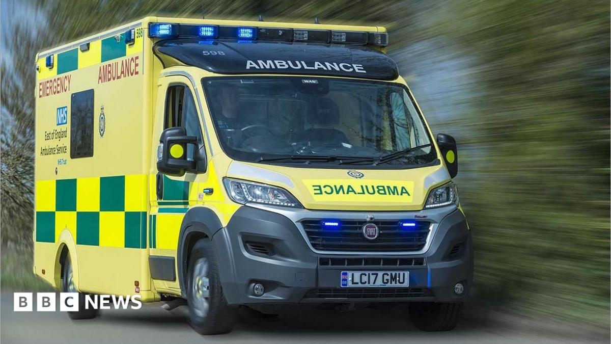 An East of England Ambulance Service ambulance driving on a road. Next to it is a row of green bushes which are blurred, giving the impression that the vehicle is moving fast.