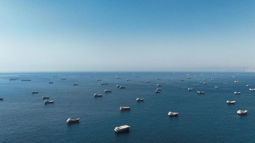 A drone view shows vessels at the Strait of Hormuz, as seen from Musandam, Oman on June 1, 2026.