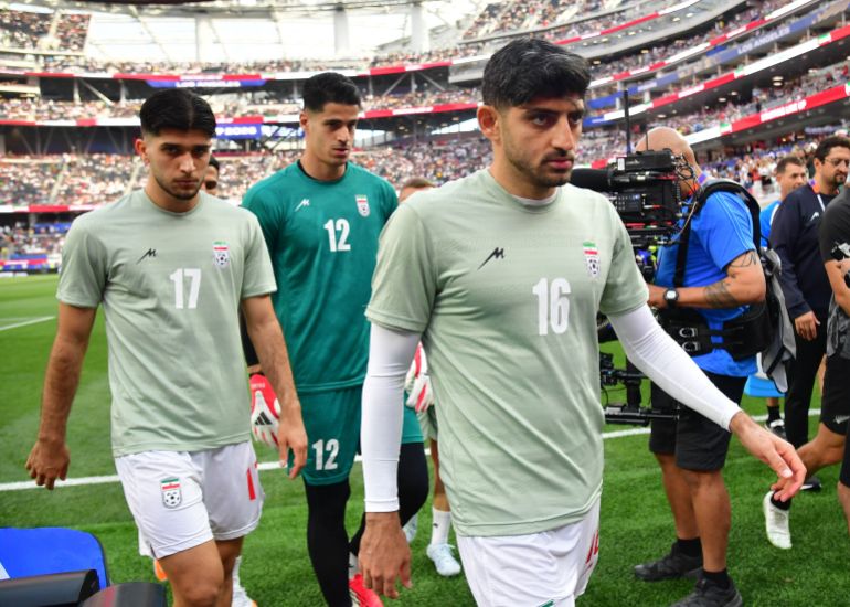 Soccer Football - FIFA World Cup 2026 - Group G - Iran v New Zealand - Los Angeles Stadium, Inglewood, California, U.S. - June 15, 2026 Iran's Mehdi Torabi, Arya Yousefi and Payam Niazmand during the warm up before the match IMAGN IMAGES via Reuters/Gary Vasquez