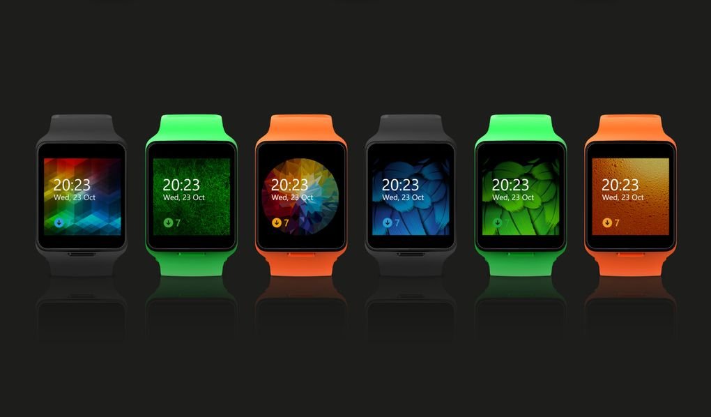 Three smartwatches with vibrant straps: green on grass, black against blue feathers, and orange with water droplets, each showing the time 20:23.