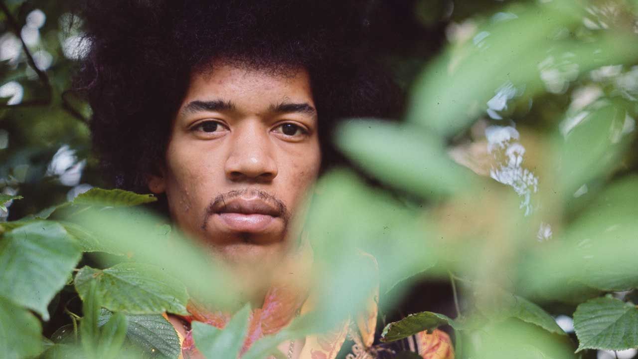 Jimi Hendrix, photographed peering out from behind a bush