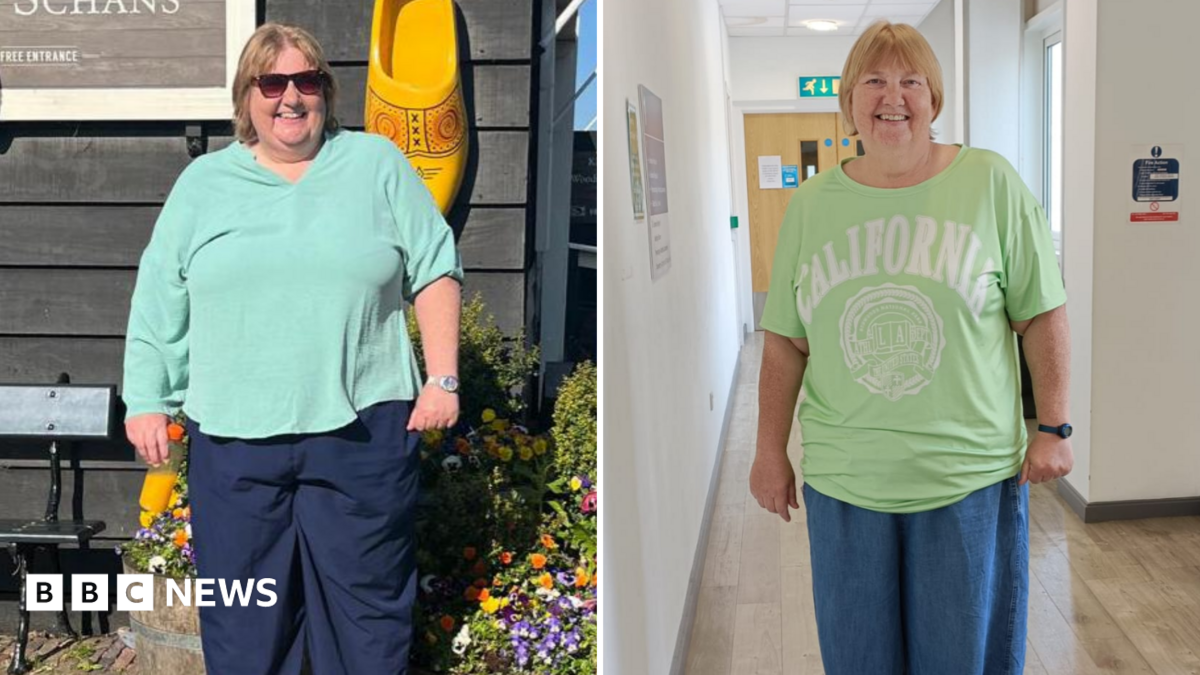 This is a composite image, on the left is her before she lost weight. She has blonde shoulder length hair and has sun glasses on. She is wearing a turquoise top and navy trousers. On the right is another photo of her, where she is wearing green t-shirt and jeans looking visibly thinner.