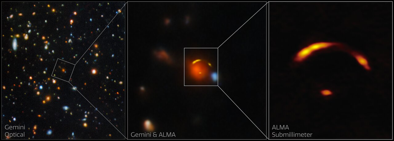 Three panels. The left one has lots of colorful blobs. The center has a red blob. The right has a curved reddish streak with a small red blob in the center bottom of the screen.