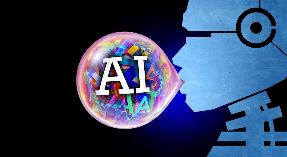 A robot skeleton blowing a bubble with the words AI on it. 