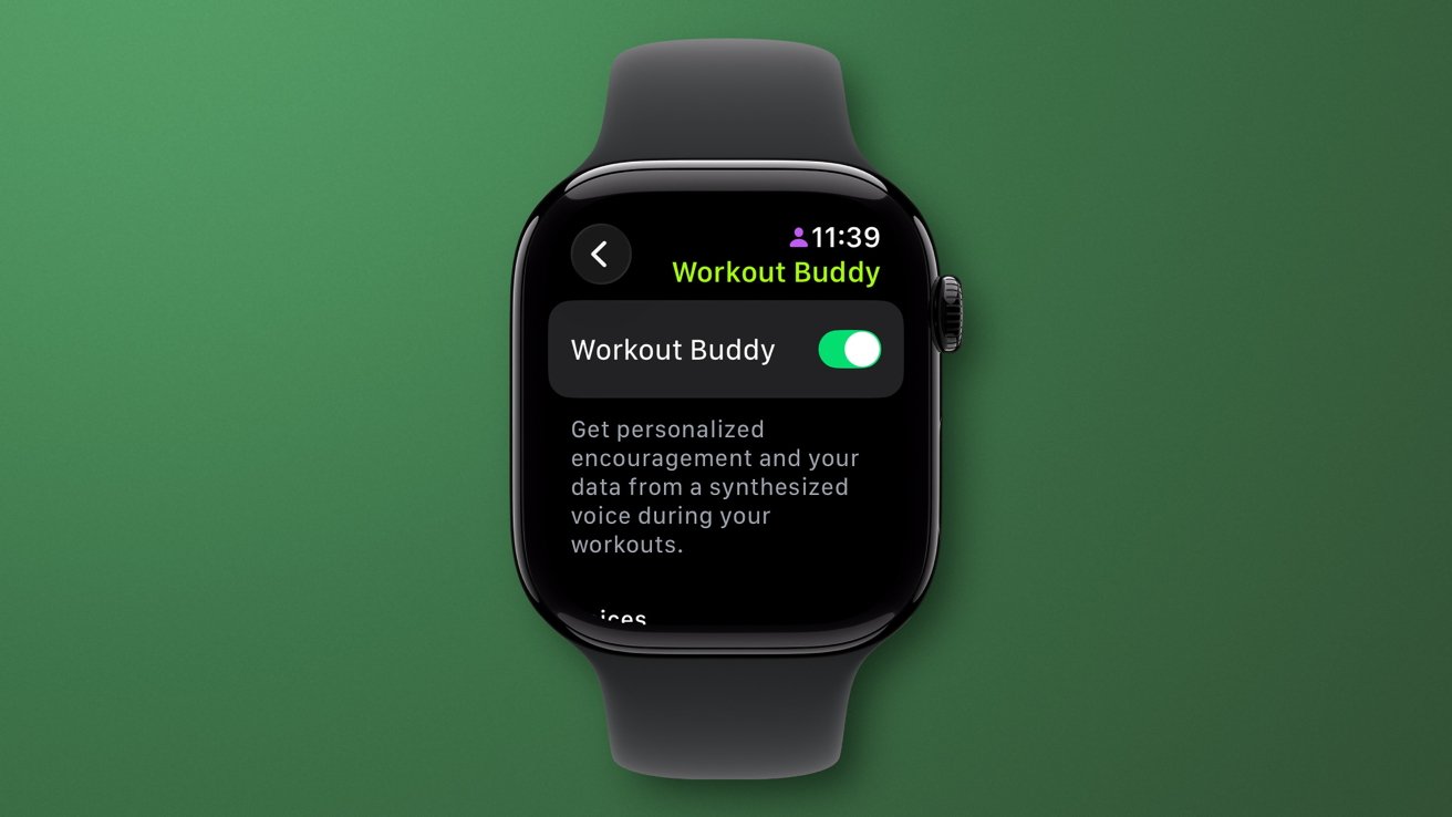 Smartwatch with Workout Buddy app enabled, displaying time 11:39 and personalized encouragement message on a dark green background.