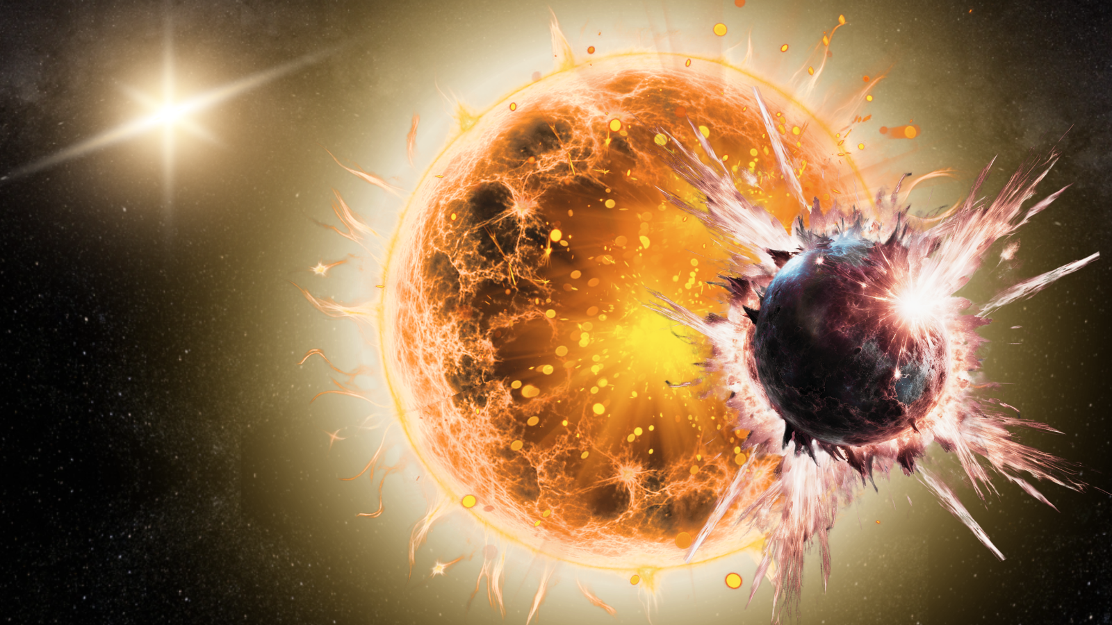 An illustration showing a yellow scorching star with a reddish exoplanet in front of it that's getting destroyed.