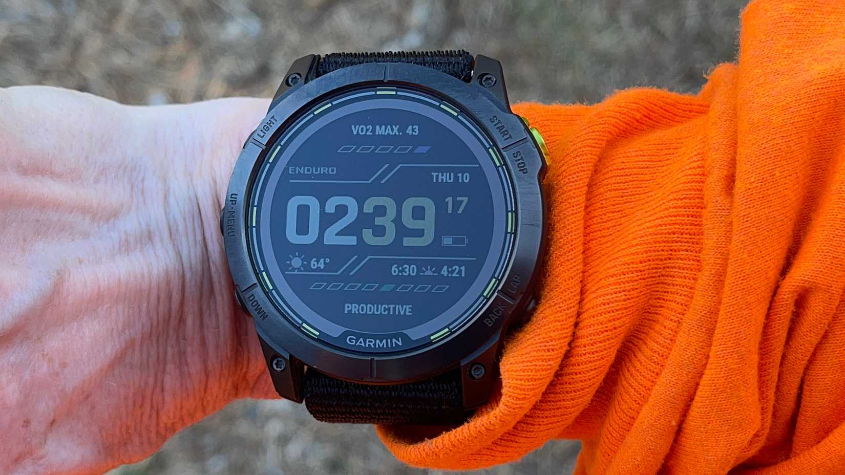 Garmin Enduro 2 on a wrist showing homescreen