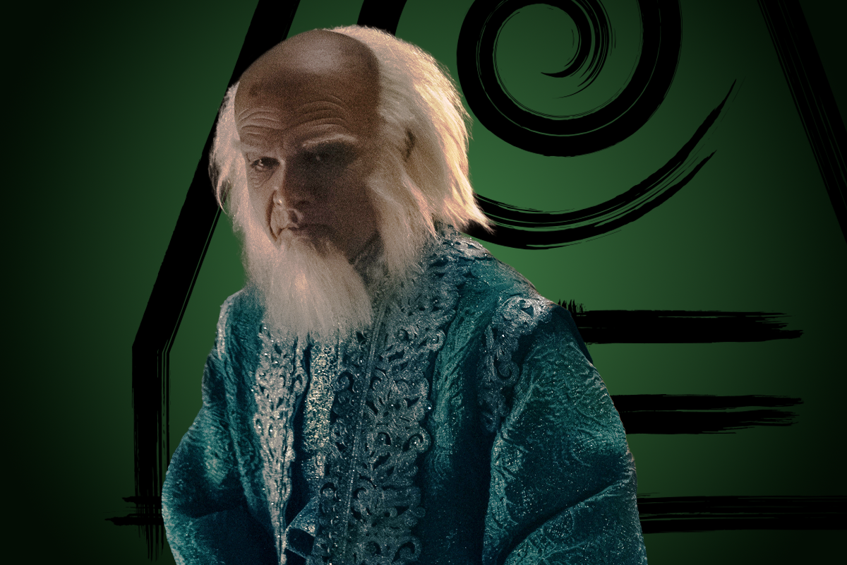 Utkarsh Ambudkar as King Bumi with a bald head and white beard wearing an ornate turquoise robe, standing against a green background with a large black swirl and geometric design.