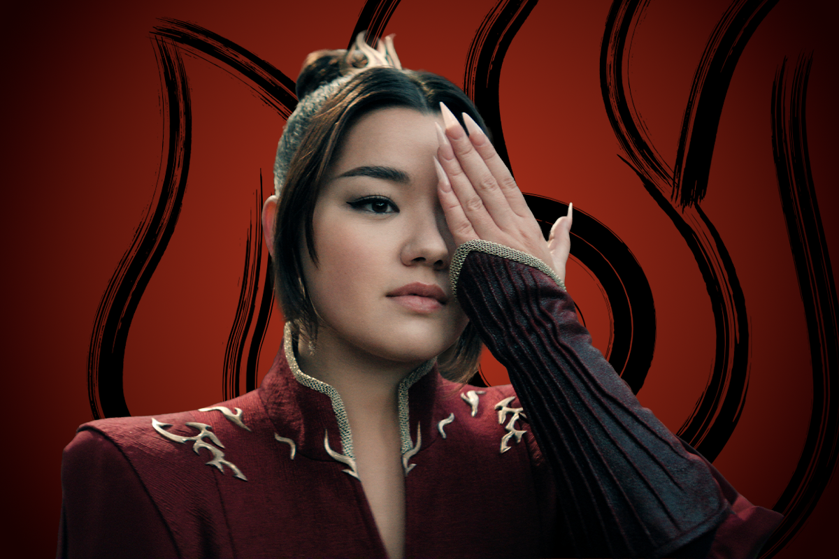Elizabeth Yu as Azula in an ornate red costume covers one eye with her hand, standing against a fiery red background with black flame patterns, creating a dramatic and intense atmosphere.