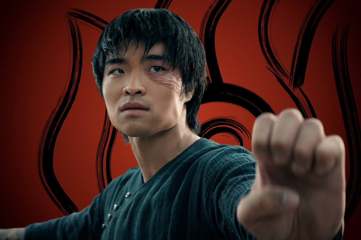 Dallas Liu as Zuko in dark clothing striking a fighting pose, with a serious expression and a facial scar, standing in front of a bold red background featuring black flame-like patterns.