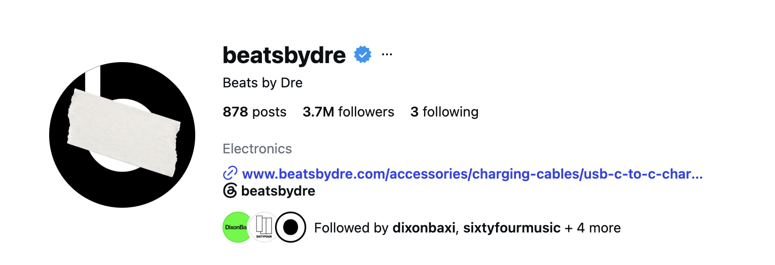 A screenshot of the Beats by Dre Instagram page
