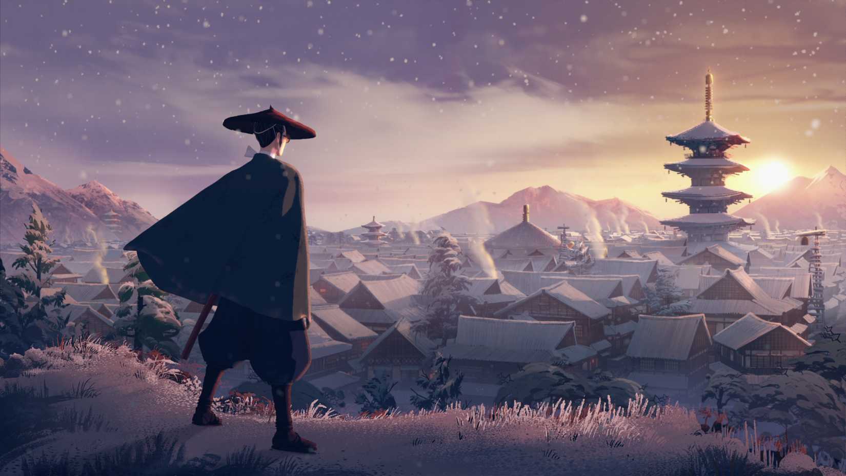 A lone warrior stands at the edge of a snowy landscape in Blue Eye Samurai