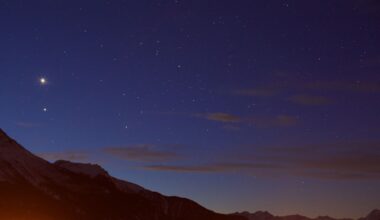 A view of a deep purple night sky with a red glowing mountain range underneath a series of twinkling stars.