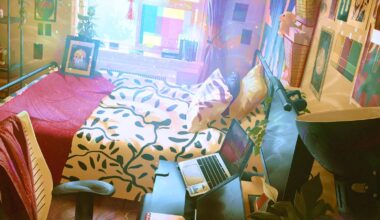 A painting of a cluttered bedroom