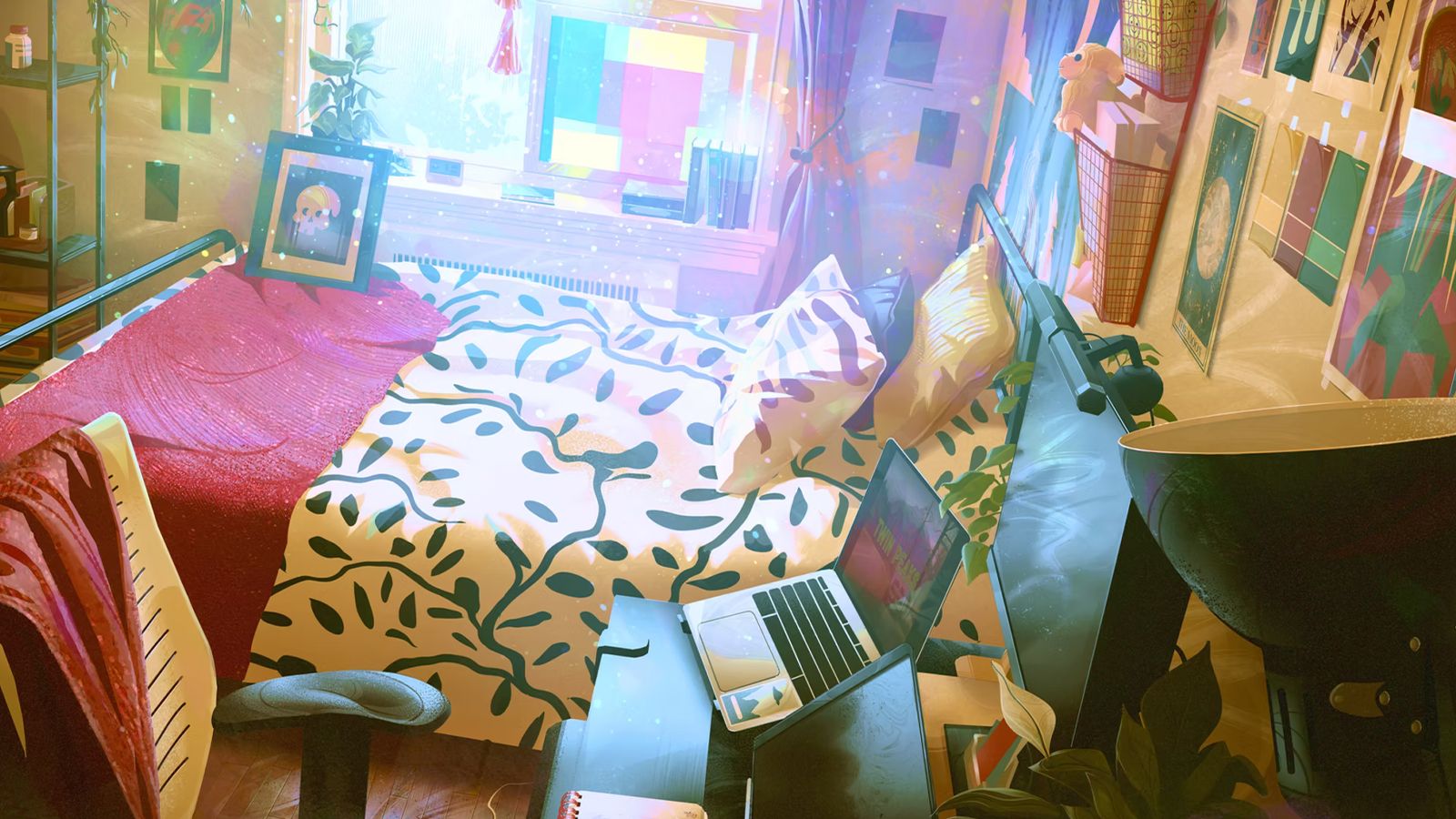A painting of a cluttered bedroom