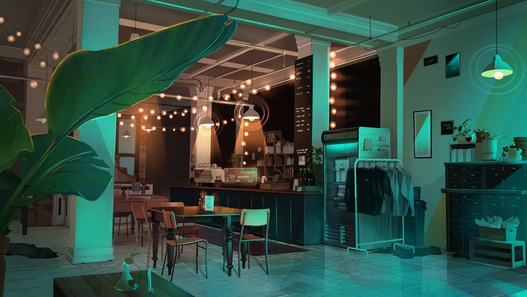 A painting of a cafe
