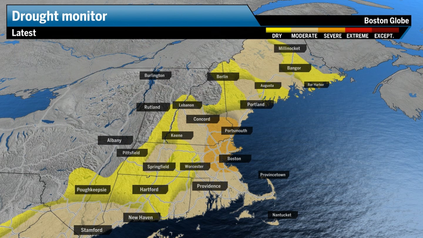 The US Drought Monitor shows a good portion of Southern New England still in drought. The Boston area, northeastern Mass., and southeastern New Hampshire are now under a "severe drought."