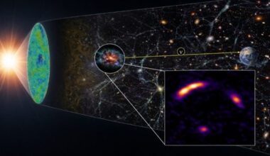 A conceptual view of the neutrino accelerator in the starburst galaxy “Shadow Blaster”. It lies in the same direction as the high-energy neutrino event IC 210922A. Actual radio observations by ALMA are shown in the zoom-in inset. Due to gravitational lensing, the ALMA observations show four distorted images of Shadow Blaster, which has been identified as the source of the neutrinos (indicated by the Greek letter nu). An artist’s conception of Shadow Blaster’s true appearance is shown in the circle. Credit: MITOS