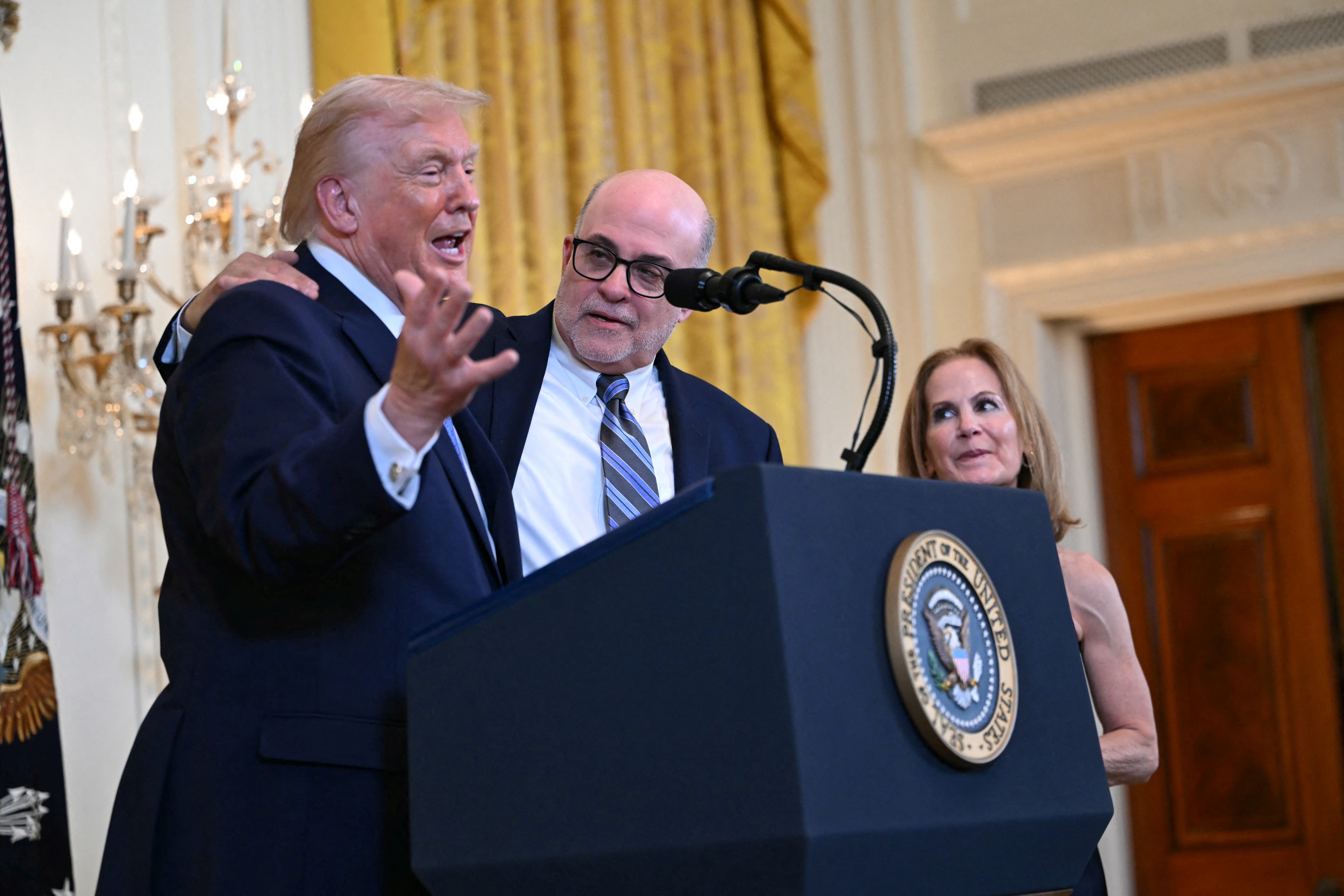 Conservative radio host Mark Levin with President Donald Trump at a White House Hanukkah reception in December 2025