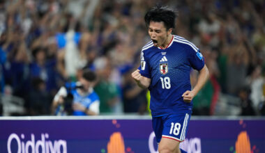 Japan's Ayase Ueda celebrates after scoring against Tunisia in a 2026 FIFA World Cup group stage match at BBVA Stadium in Monterrey, Mexico.