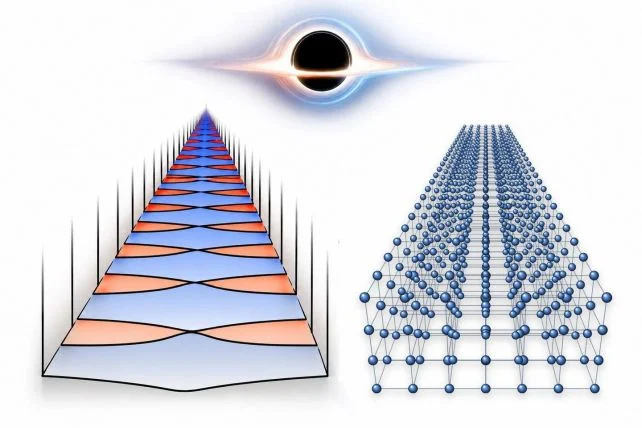 A scientific figure showing two different molecular models with a black hole above them.