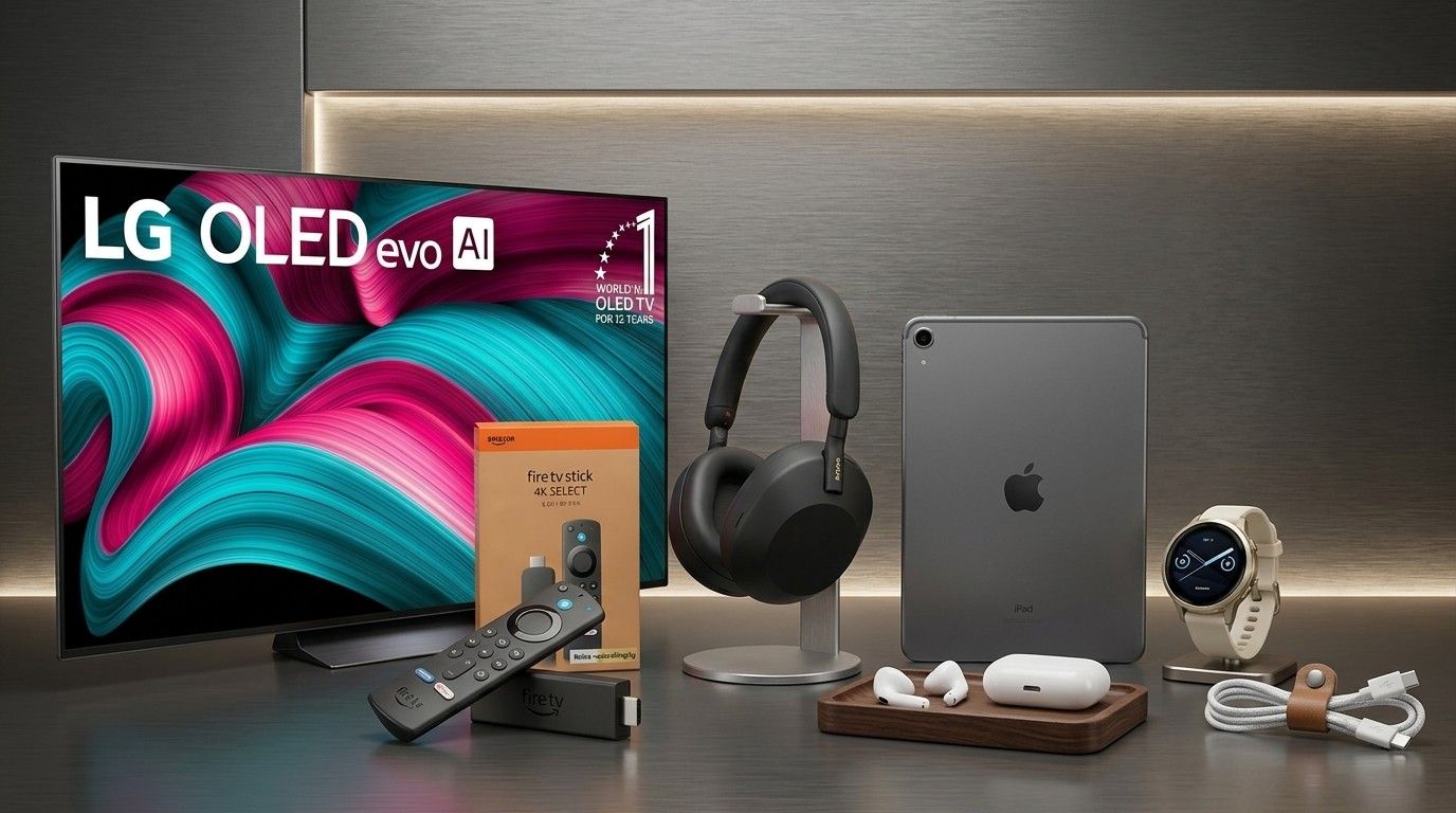 A collection of tech items against a dimly lit grey wall