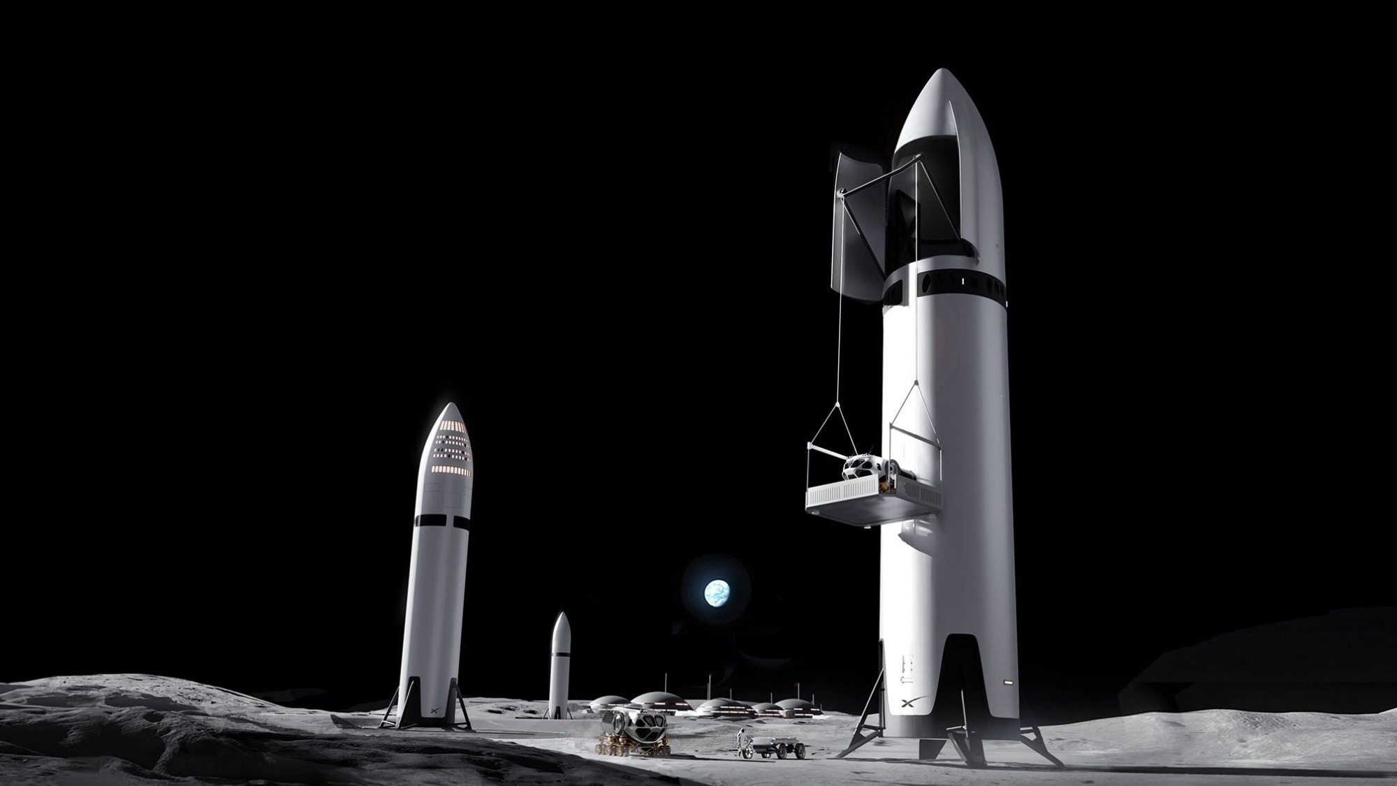 Artist's illustration of several SpaceX Starship upper stages on the moon.