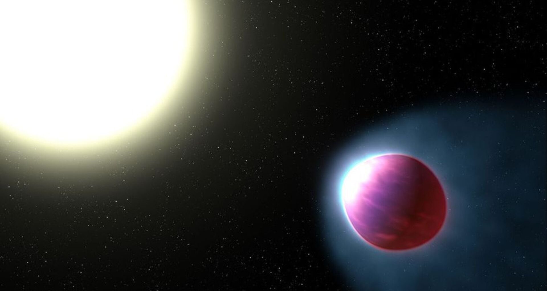 An illustration of a bright star toward the left top of the image. There is a pinkish, slightly stretched-out exoplanet toward the center-right-lower area.