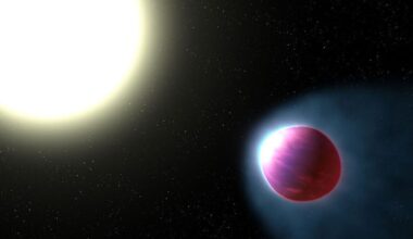 An illustration of a bright star toward the left top of the image. There is a pinkish, slightly stretched-out exoplanet toward the center-right-lower area.