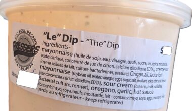 A small circular plastic container with a label sticker on the side identifying it as 'Le' Dip with a list of ingredients.