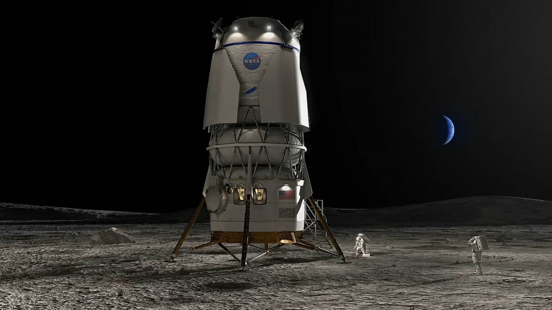 illustration of a large white spacecraft on the moon with two astronauts in white spacesuits on the ground nearby