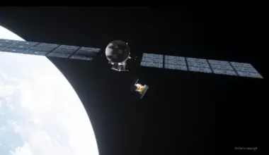A small spacecraft with large solar panels deploying mechanic arms that reach a big. cubical object with smaller solar panels.